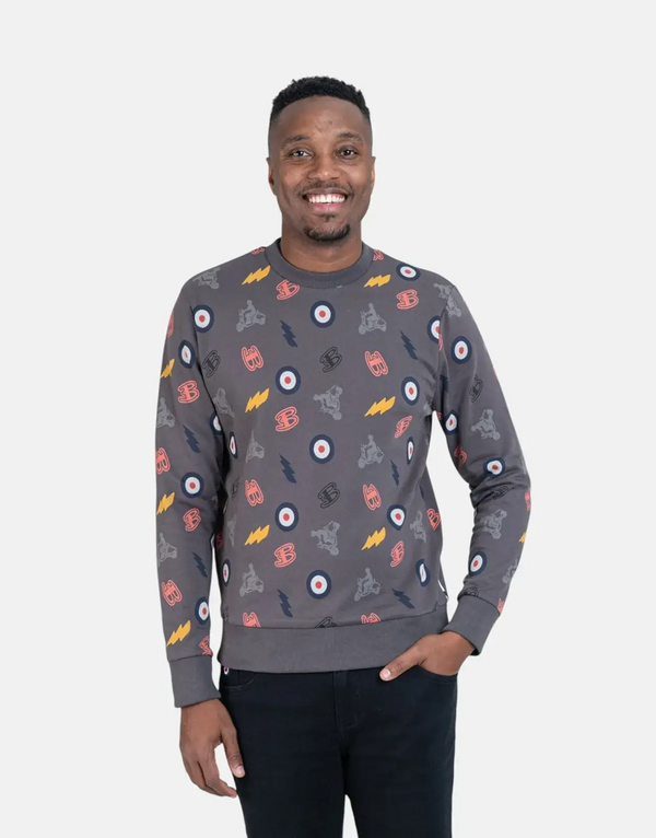 Ben Sherman Men's Charcoal All-Over Print Crewneck Sweatshirt - Soft Cotton Comfort