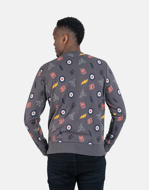 Ben Sherman Men's Charcoal All-Over Print Crewneck Sweatshirt - Soft Cotton Comfort
