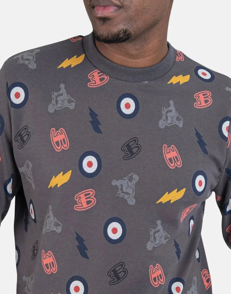 Ben Sherman Men's Charcoal All-Over Print Crewneck Sweatshirt - Soft Cotton Comfort