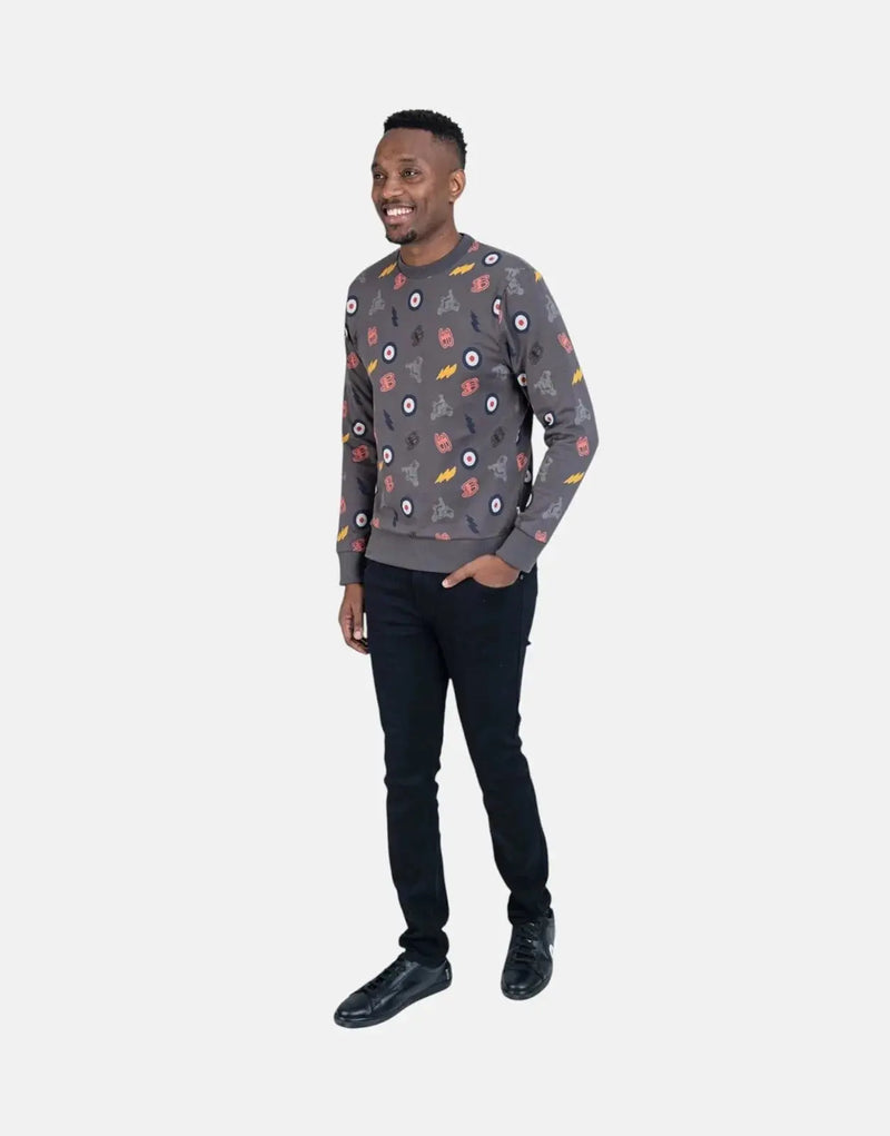 Ben Sherman Men's Charcoal All-Over Print Crewneck Sweatshirt - Soft Cotton Comfort