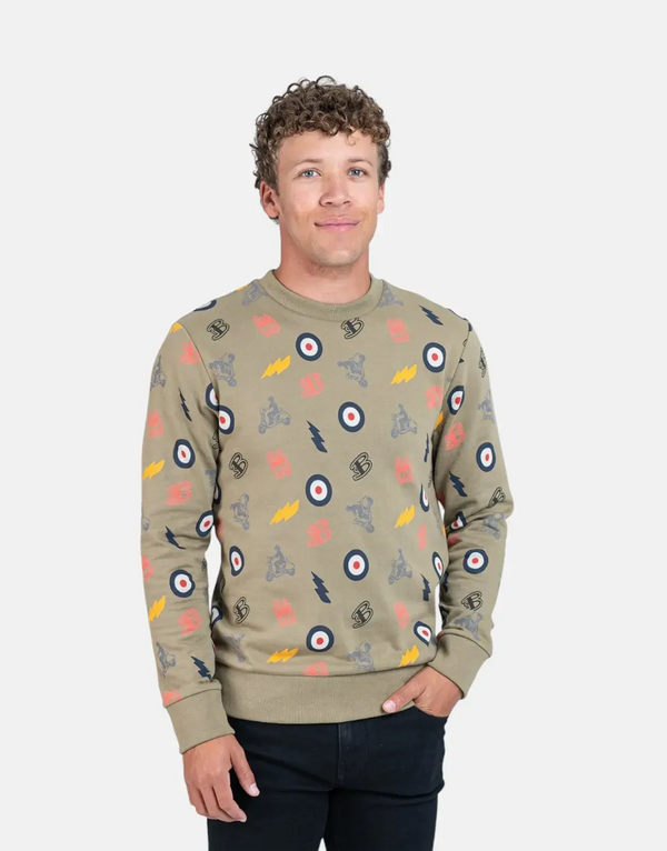 Ben Sherman Men's Olive All-Over Graphic Print Crewneck Sweatshirt for Modern Style