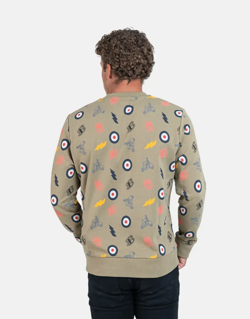 Ben Sherman Men's Olive All-Over Graphic Print Crewneck Sweatshirt for Modern Style