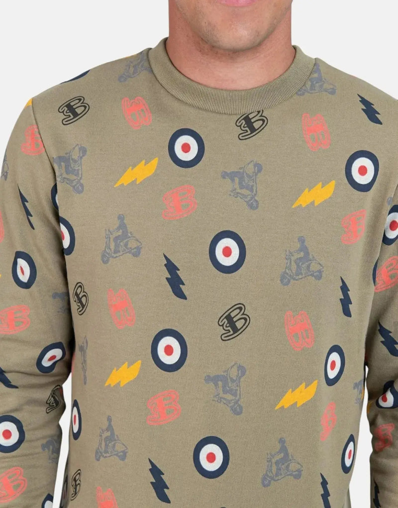 Ben Sherman Men's Olive All-Over Graphic Print Crewneck Sweatshirt for Modern Style