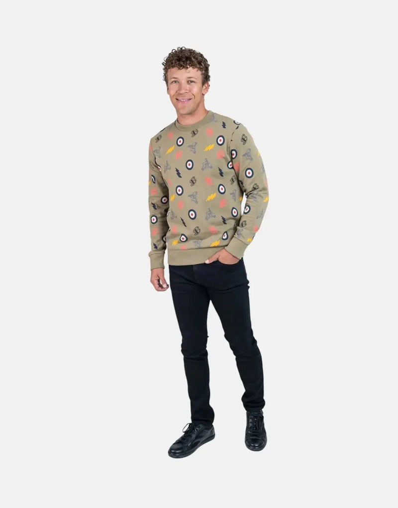Ben Sherman Men's Olive All-Over Graphic Print Crewneck Sweatshirt for Modern Style