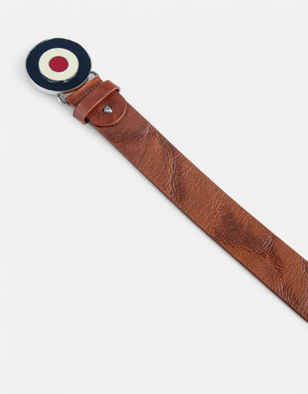 Ben Sherman Distressed Tan Leather Belt: Unique Target Buckle, Durable Men's Style