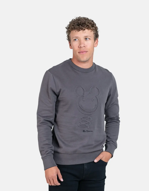 Ben Sherman Men's Charcoal Crewneck Sweatshirt: 3D Embossed Happy Bear Graphic