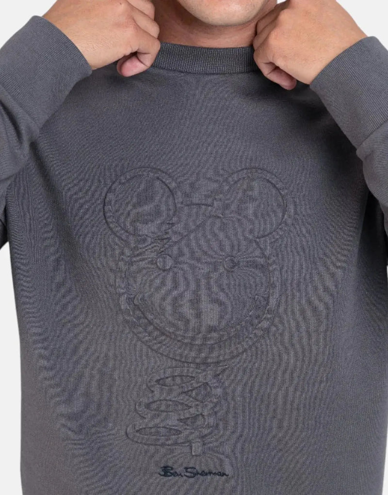 Ben Sherman Men's Charcoal Crewneck Sweatshirt: 3D Embossed Happy Bear Graphic