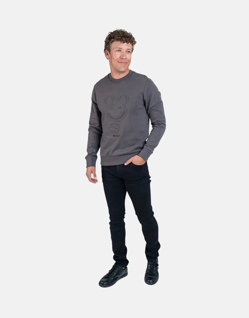 Ben Sherman Men's Charcoal Crewneck Sweatshirt: 3D Embossed Happy Bear Graphic