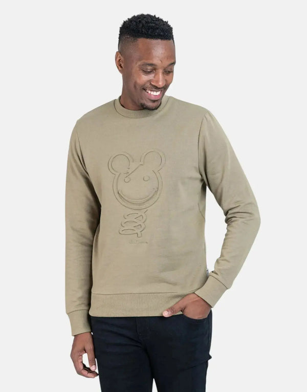 Ben Sherman Men's Olive Green 3D Happy Bear Cotton Crewneck Sweatshirt