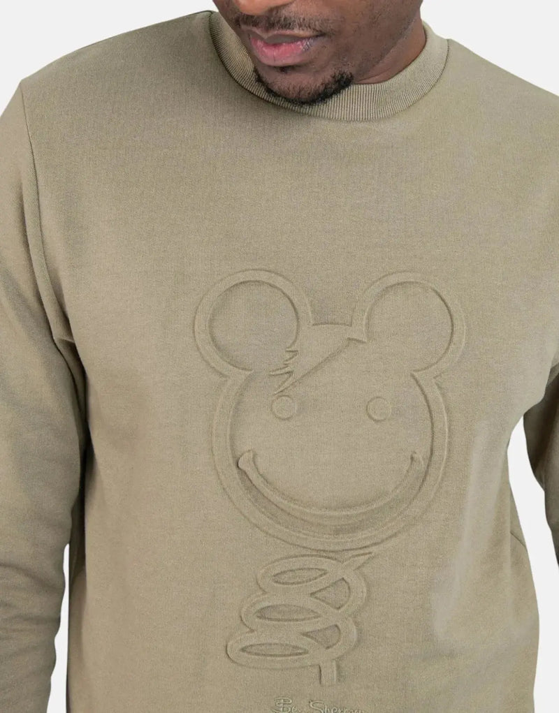 Ben Sherman Men's Olive Green 3D Happy Bear Cotton Crewneck Sweatshirt