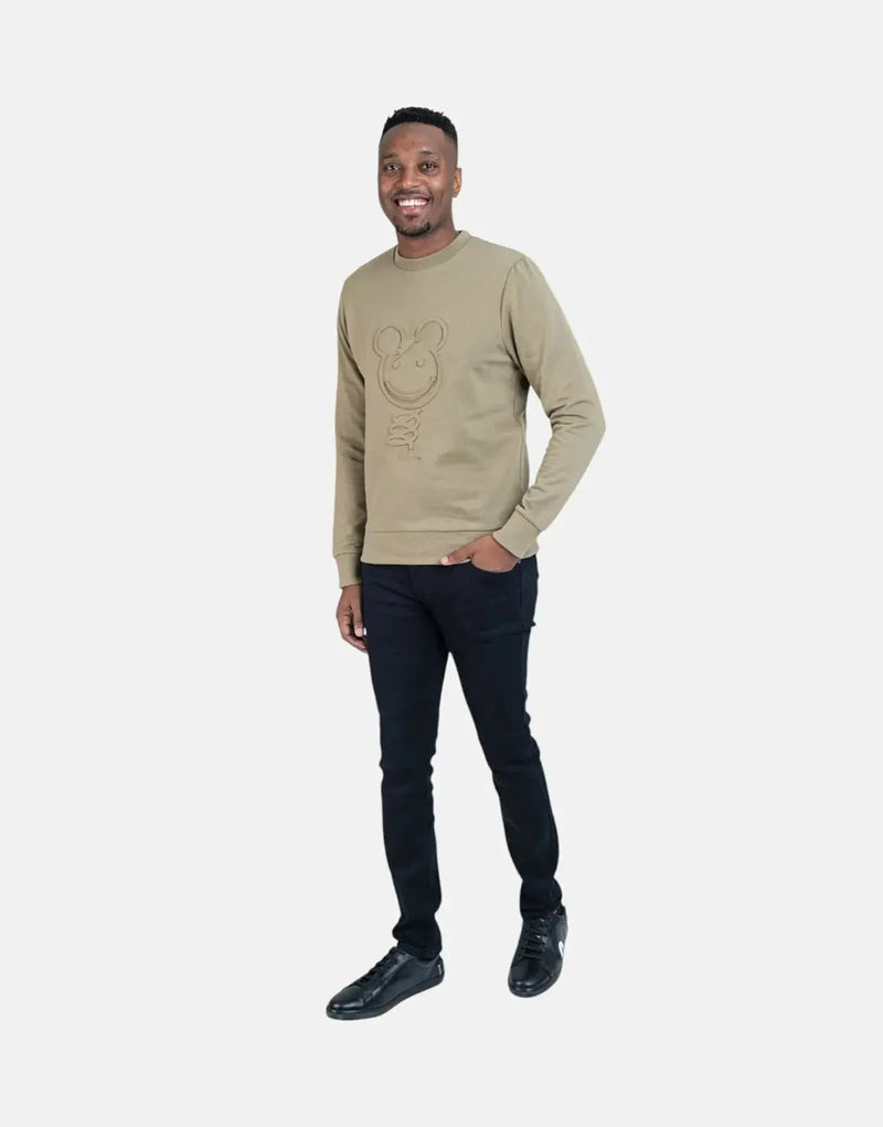 Ben Sherman Men's Olive Green 3D Happy Bear Cotton Crewneck Sweatshirt