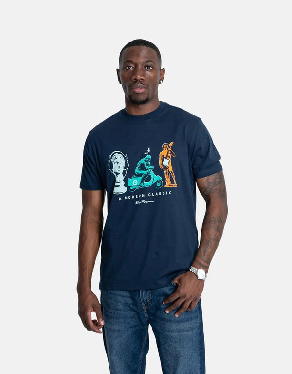 Iconic Ben Sherman Men's Navy Blue Cotton Crew Neck Statue Print T-Shirt