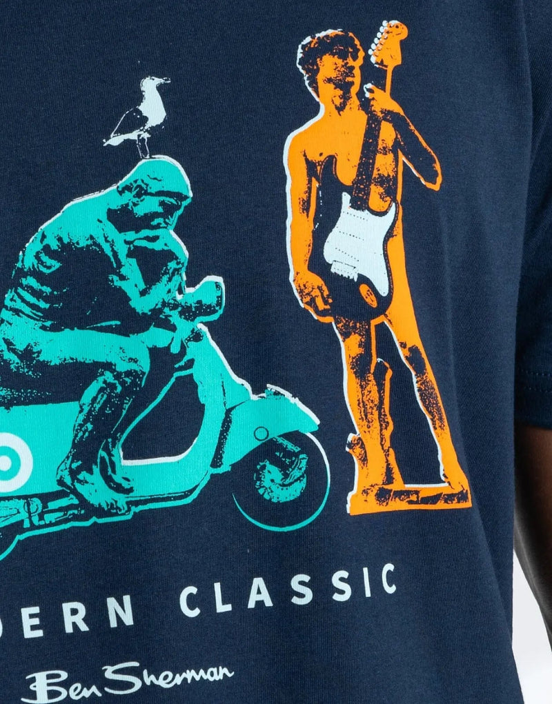 Iconic Ben Sherman Men's Navy Blue Cotton Crew Neck Statue Print T-Shirt