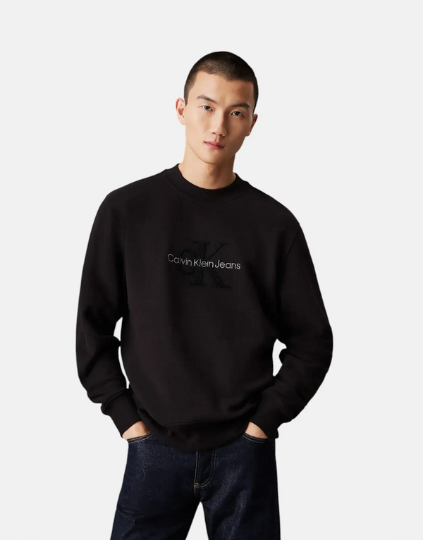 Calvin Klein Men's Chenille Monogram Black Crew Neck Fleece Sweatshirt Iconic Style