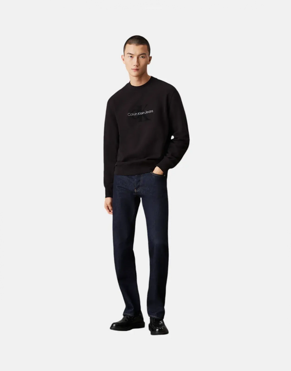 Calvin Klein Men's Chenille Monogram Black Crew Neck Fleece Sweatshirt Iconic Style