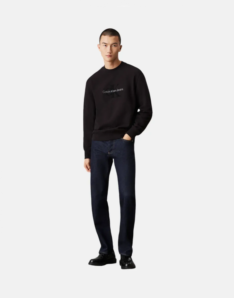 Calvin Klein Men's Chenille Monogram Black Crew Neck Fleece Sweatshirt Iconic Style
