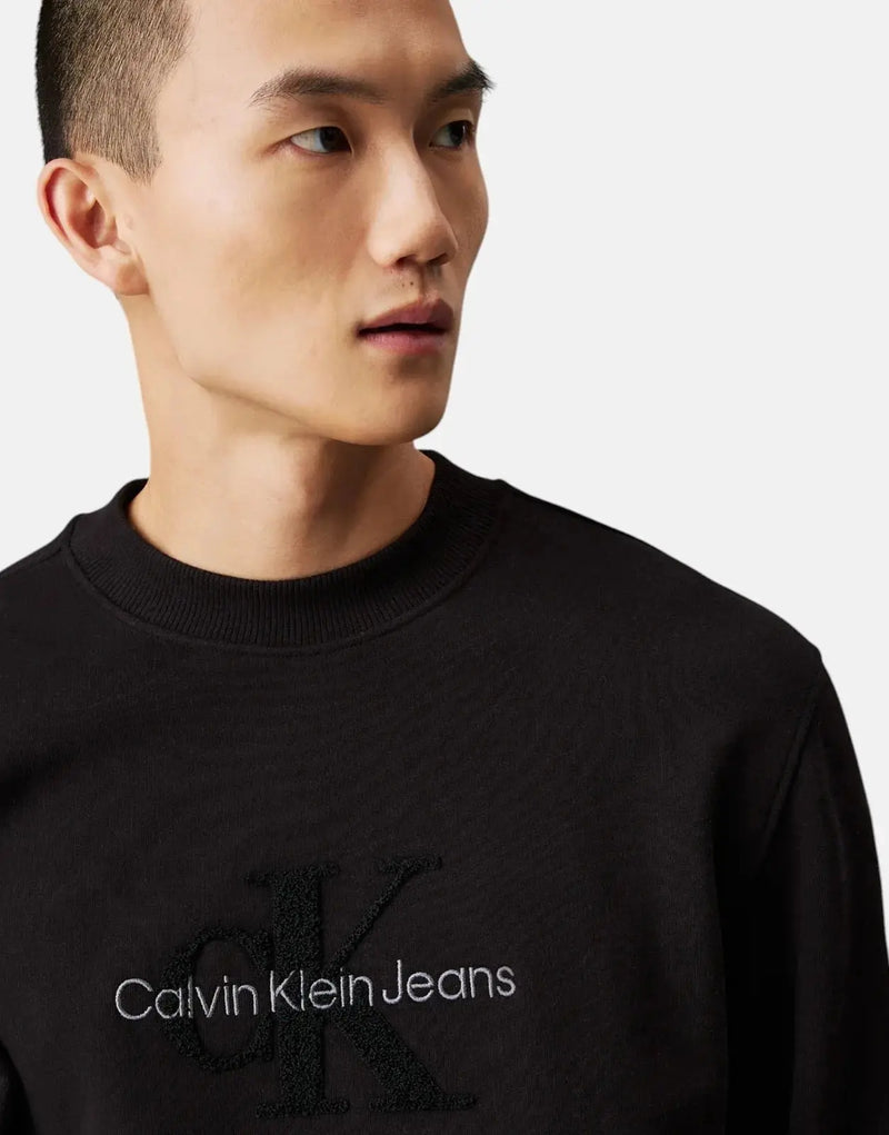 Calvin Klein Men's Chenille Monogram Black Crew Neck Fleece Sweatshirt Iconic Style