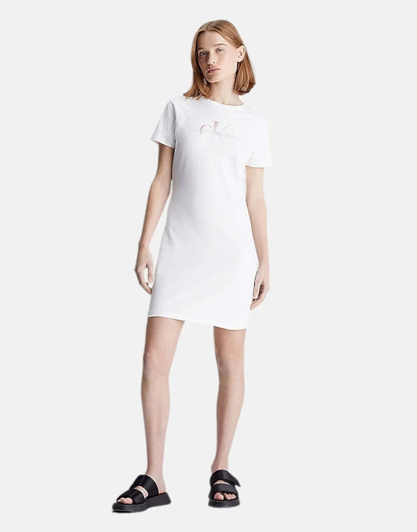 Calvin Klein Regenerative Cotton Diffused Monogram White Dress, Soft Stretch Jersey