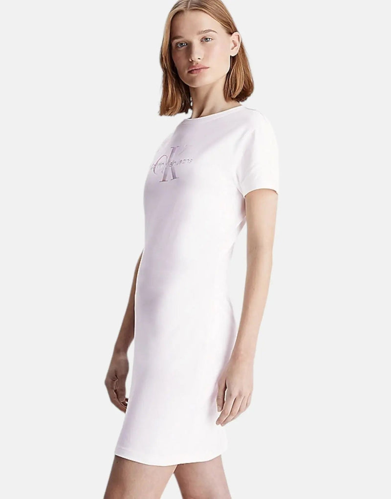 Calvin Klein Regenerative Cotton Diffused Monogram White Dress, Soft Stretch Jersey