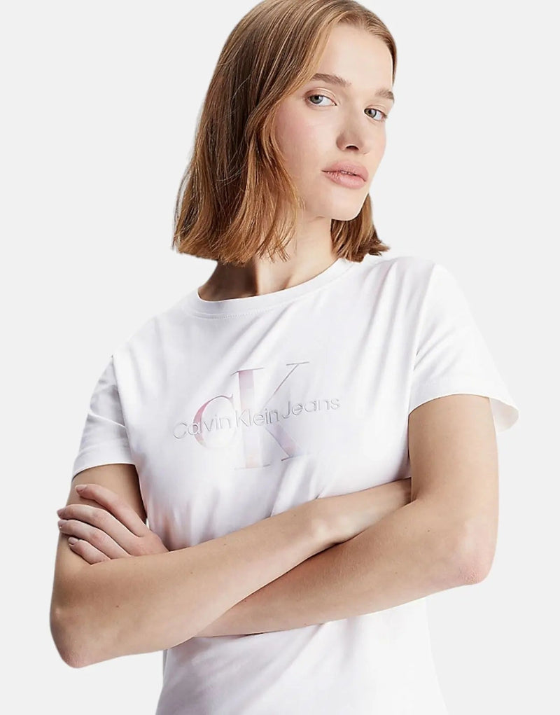 Calvin Klein Regenerative Cotton Diffused Monogram White Dress, Soft Stretch Jersey