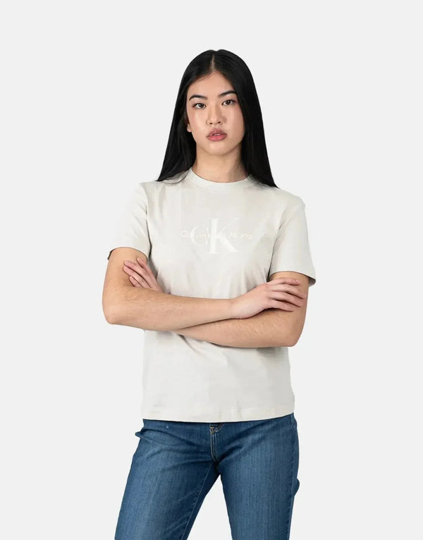 Calvin Klein Women's Light Brown Glossy Monogram T-Shirt, Soft Regular Fit