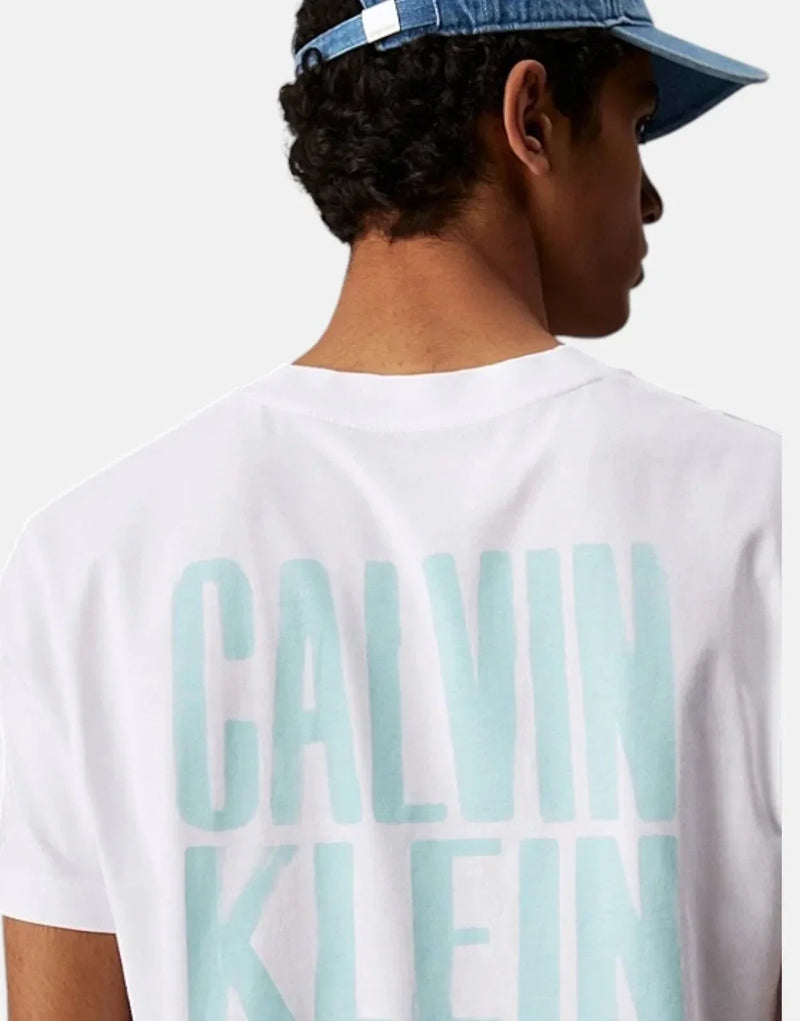 Calvin Klein Men's White Regenerative Cotton T-Shirt with Bold Paint Logo Back