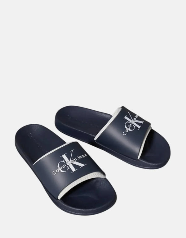 Calvin Klein Men's Rubber Neoprene Monologo Navy Slides - Cushioned Comfort