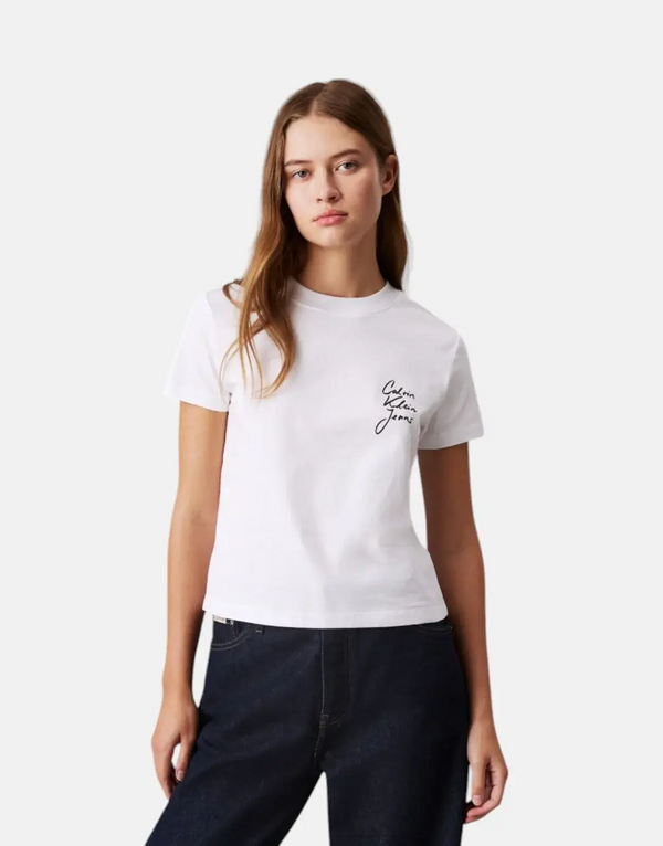 Calvin Klein Women's White Script Logo Regenerative Cotton Slim Fit T-Shirt