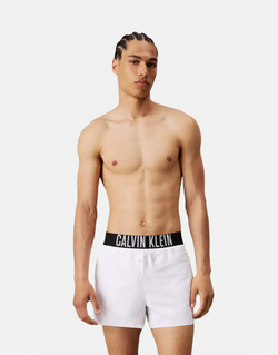 Calvin Klein Men's White Recycled Quick-Dry Swim Shorts with Signature Waistband