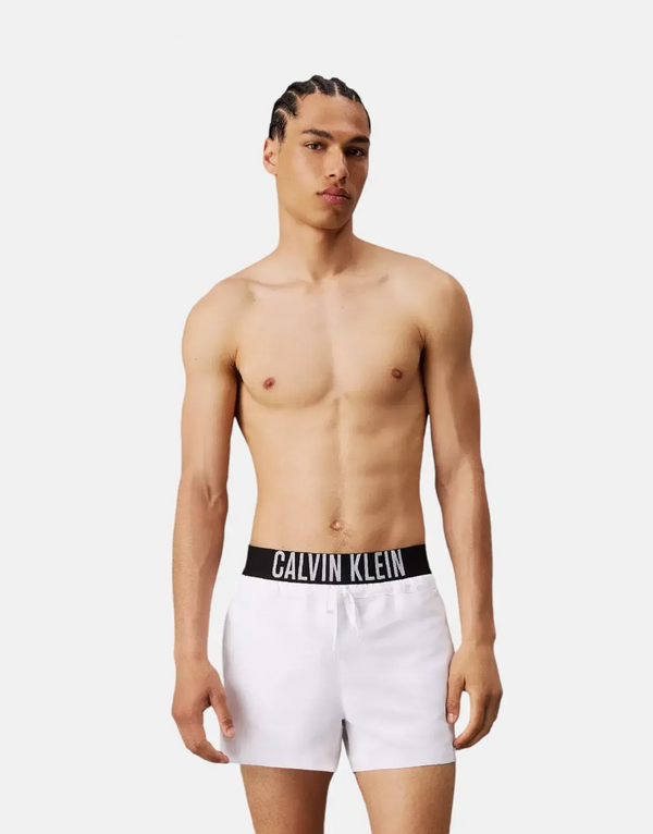 Calvin Klein Men's White Recycled Quick-Dry Swim Shorts with Signature Waistband