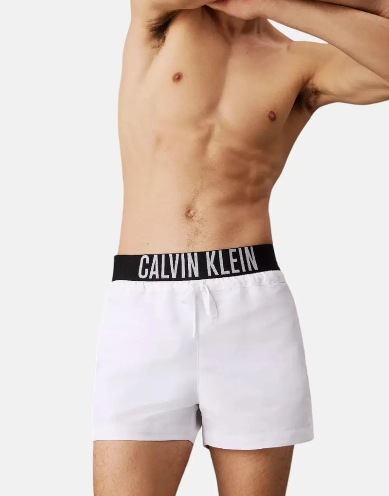 Calvin Klein Men's White Recycled Quick-Dry Swim Shorts with Signature Waistband