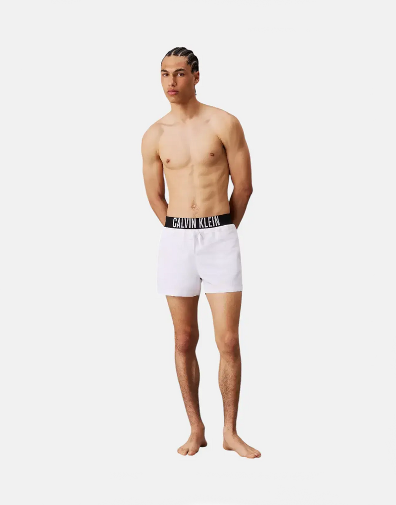 Calvin Klein Men's White Recycled Quick-Dry Swim Shorts with Signature Waistband