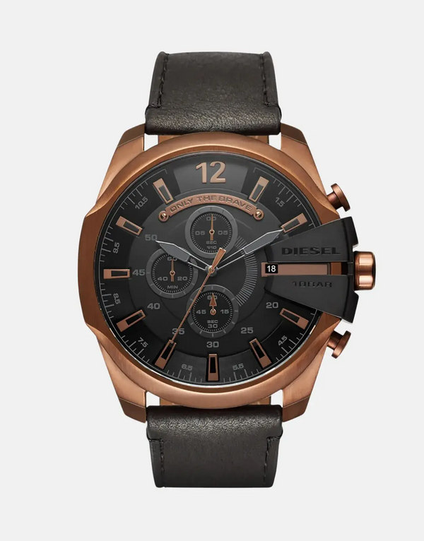 Bold Diesel Mega Chief Black Stainless Steel Chronograph Watch with Leather Strap