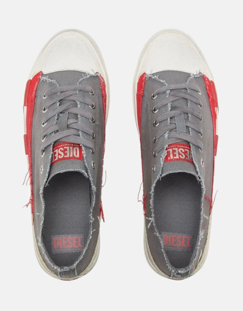 Diesel D-Verse Low Canvas Sneakers: Iconic Red D Logo, Frayed Distressed Style
