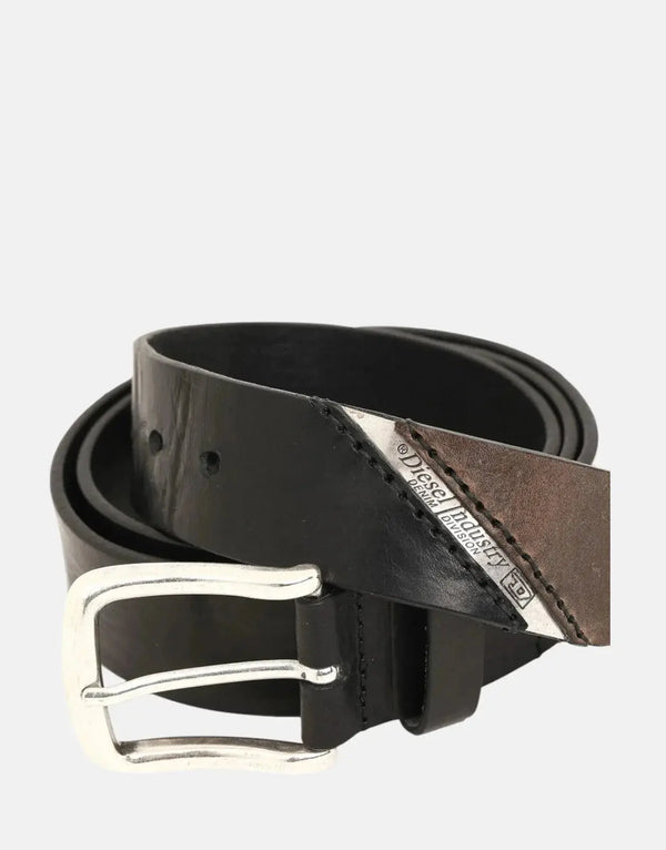 Diesel B-Line Iconic Logo Black Cowhide Leather Belt for Men