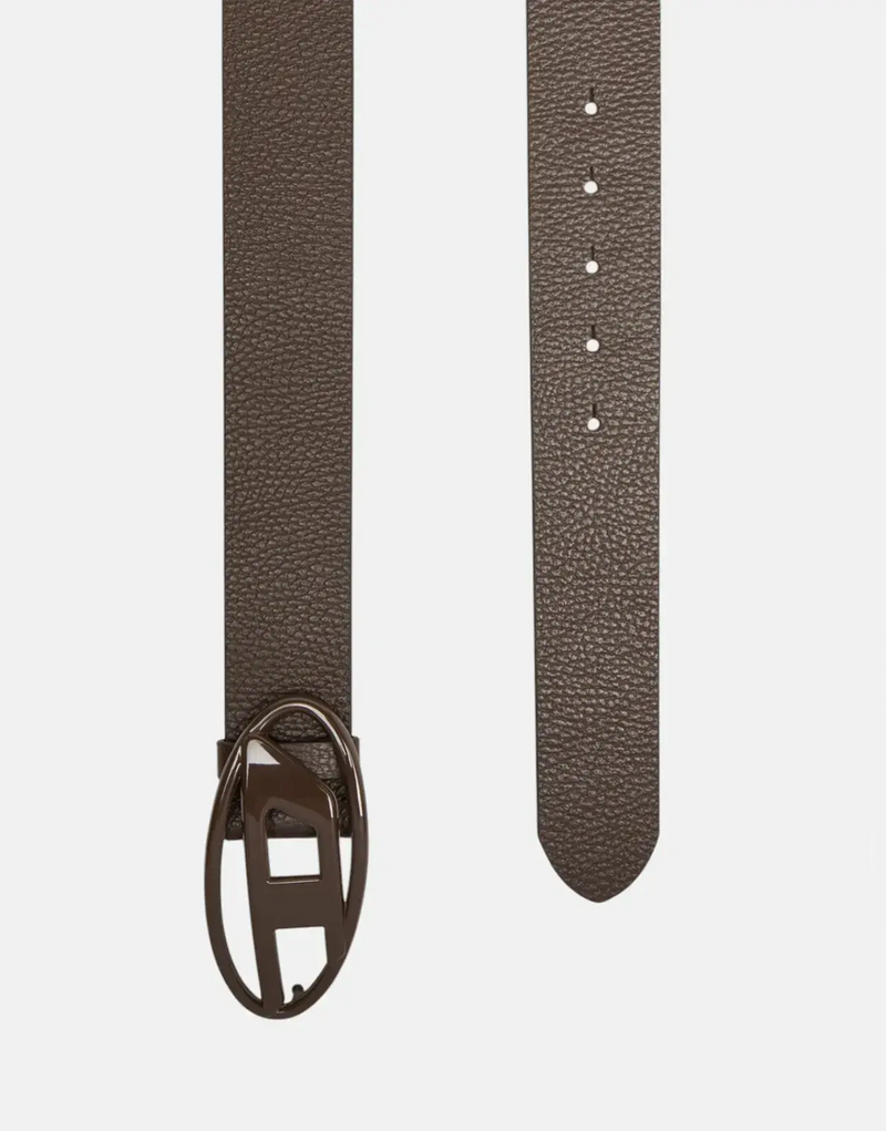 Diesel Oval D-Logo Brown Leather Belt: Stylish Unisex Textured Cowhide Accessory