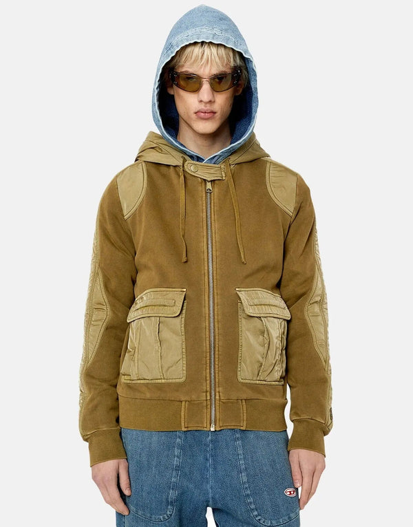 Diesel S-Sofoginn Men's Military Style Zip-Up Sweatshirt with Nylon Accents