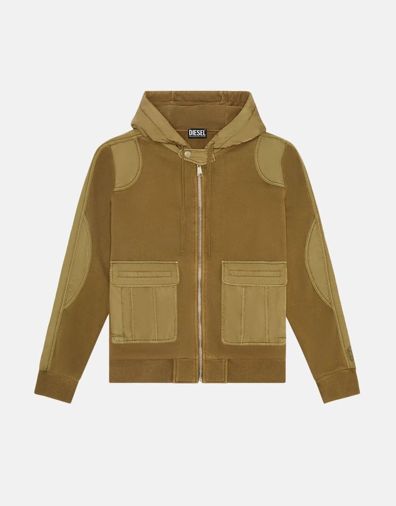 Diesel S-Sofoginn Men's Military Style Zip-Up Sweatshirt with Nylon Accents