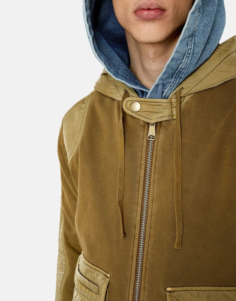 Diesel S-Sofoginn Men's Military Style Zip-Up Sweatshirt with Nylon Accents