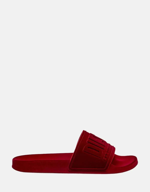 Diesel SA-Mayemi Women's Red Velvet Pool Slides with Logo-Embossed Straps