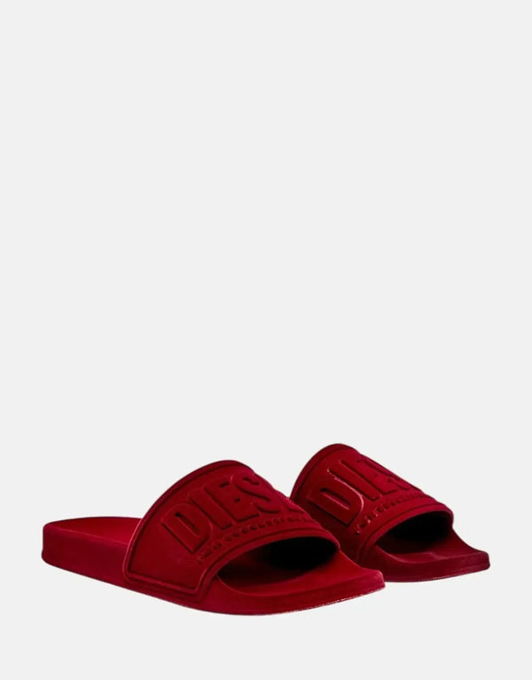 Diesel SA-Mayemi Women's Red Velvet Pool Slides with Logo-Embossed Straps
