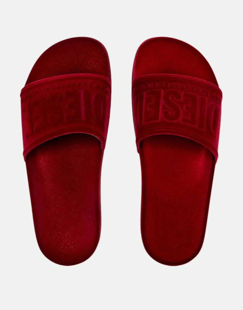 Diesel SA-Mayemi Women's Red Velvet Pool Slides with Logo-Embossed Straps