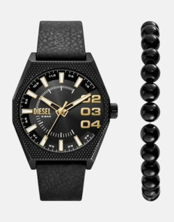 Diesel Scraper Men's Black Watch & Beaded Bracelet Set - Water Resistant