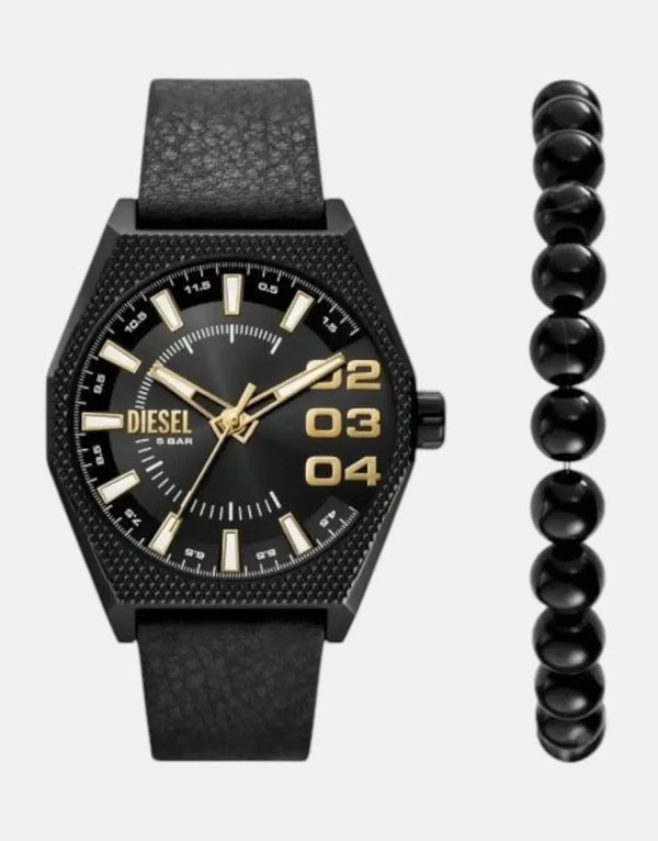 Diesel Scraper Men's Black Watch & Beaded Bracelet Set - Water Resistant