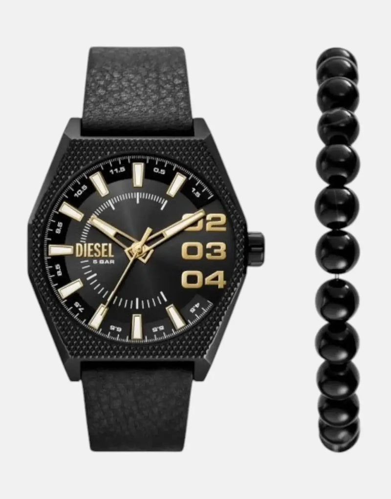 Diesel Scraper Men's Black Watch & Beaded Bracelet Set - Water Resistant