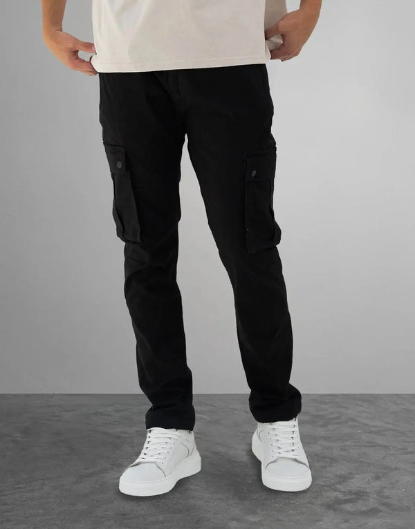 Fade Men's Essential Black Cargo Pants: Comfortable Slim Fit Cotton-Elastane Joggers