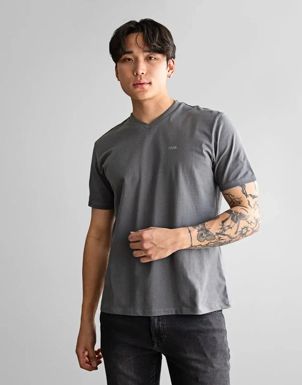 Fade Essential V-Neck Grey T-Shirt: Premium Slim Fit Cotton Blend, Soft Stretch, Modern Style