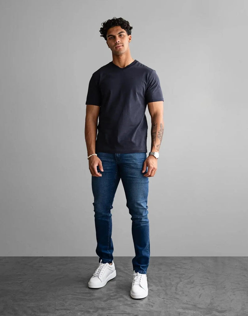 Fade Essential Navy V-Neck T-Shirt: Premium Cotton Blend, Slim Fit, Everyday Comfort