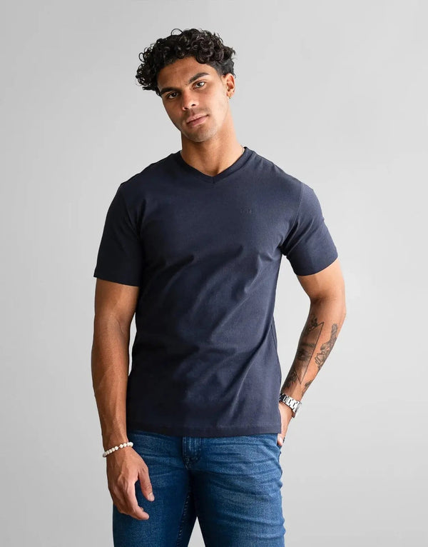 Fade Essential Navy V-Neck T-Shirt: Premium Cotton Blend, Slim Fit, Everyday Comfort