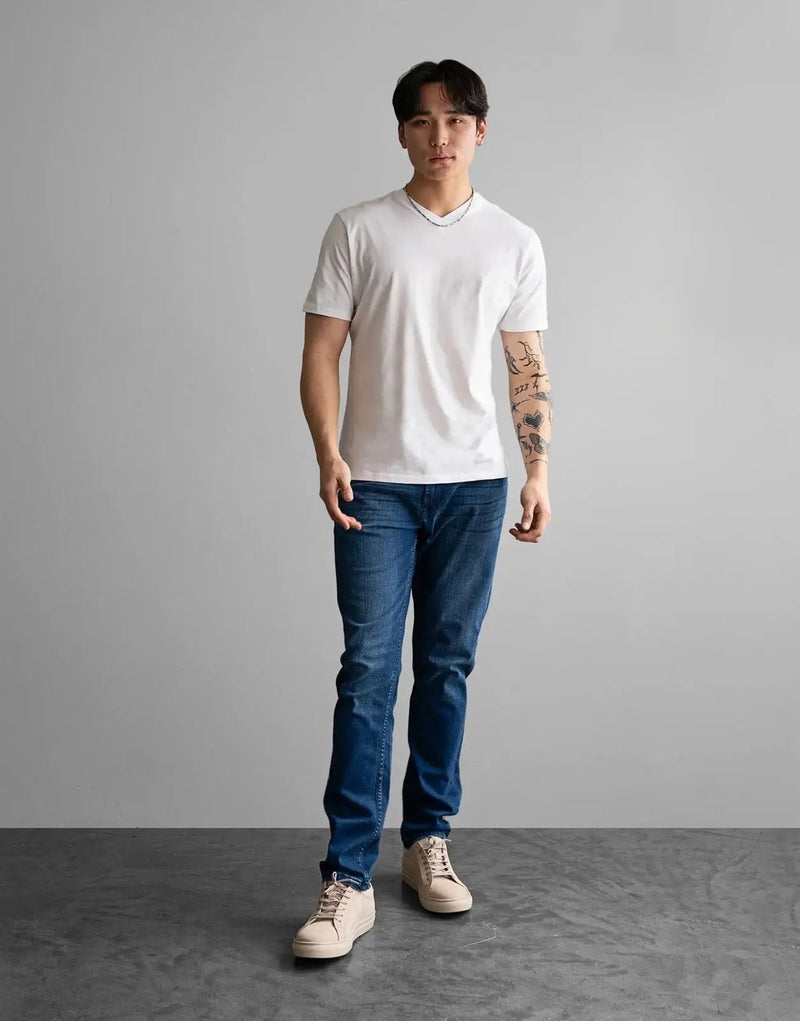 Premium Ultra-Soft Fade Essential V-Neck White T-Shirt - Cotton Blend Slim Fit